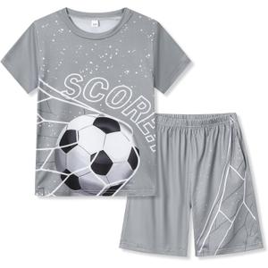 Ayzozuy Tween Boys' 2-Piece Soccer Graphic Outfit Set Summer Casual Crewneck T-Shirt & Shorts Sizes 8-14 (Green)