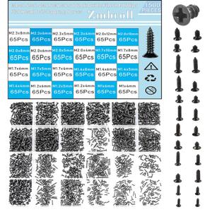 1560Pcs Black Flat Head Self Tapping Screws M1/1.2/1.4/1.7/2/2.3 Mini Cross Drive Countersunk Tiny Screw Woodworking Small Fastener Screws 24 Size Assortment Kit for Electronic DIY