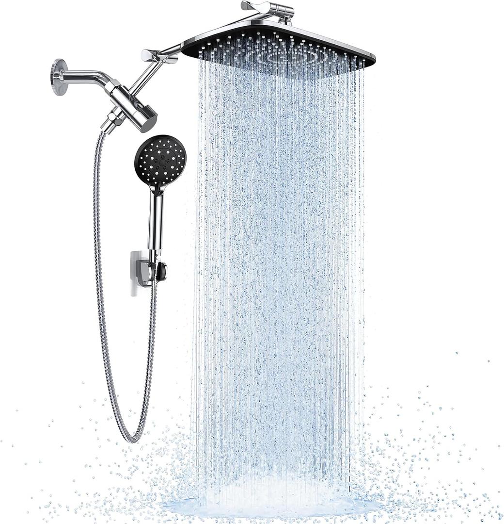 Veken Wide Rain Shower Head with 6 Modes Handheld Water SprayHigh Pressure Showerhead Combo with Arm for Bathroom AccessoriesHome Decor Adjustable Dual Shower with Anti-Clog Nozzles,Silver Chrome