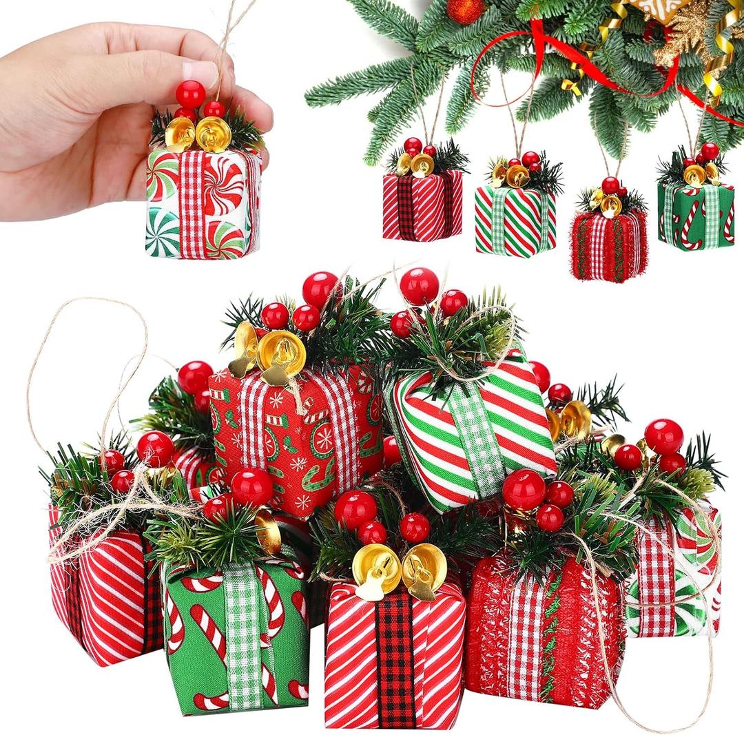 Panelee 12 Pcs Christmas Tree Gift Boxes Ornaments Mini Ornaments Red and Green Xmas Wrapped Packages with Bell Red Berries Needle for Xmas Tree Home Mantel Decor Party Supplies