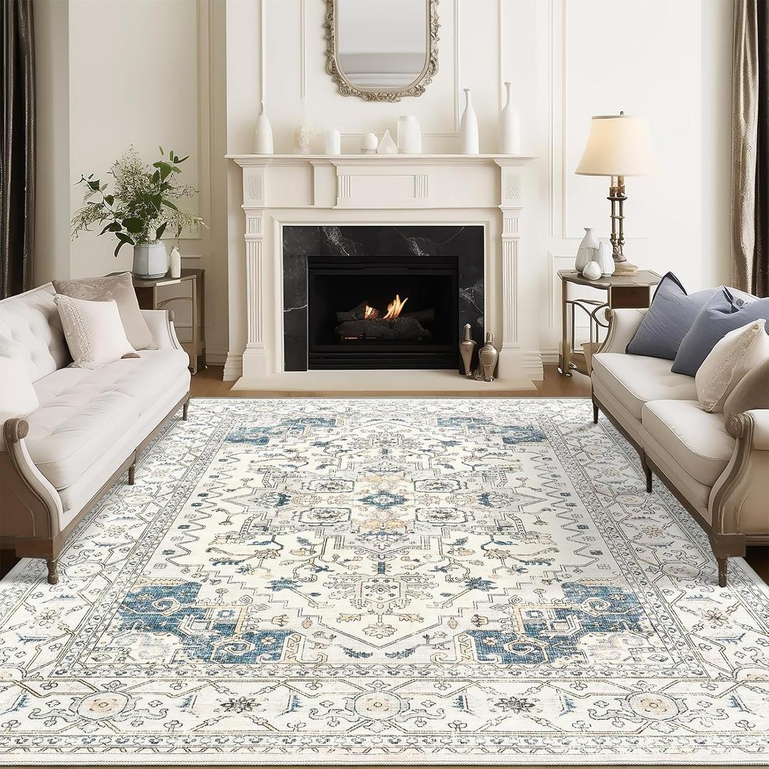 Washable Area Rug 8x10, Area Rugs Stain Resistant Neutral Washable Rugs for Living Rooms Bedroom Vintage Non-Slip Thin Large Size Area RugBeigeBlue