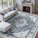 RELEANY Area Rugs 9'x12' Washable Non-Slip, Floral Vintage Distress Print Pattern Medallion Carpet for Living Room Bedroom Dining Room, Light Gray Grey White