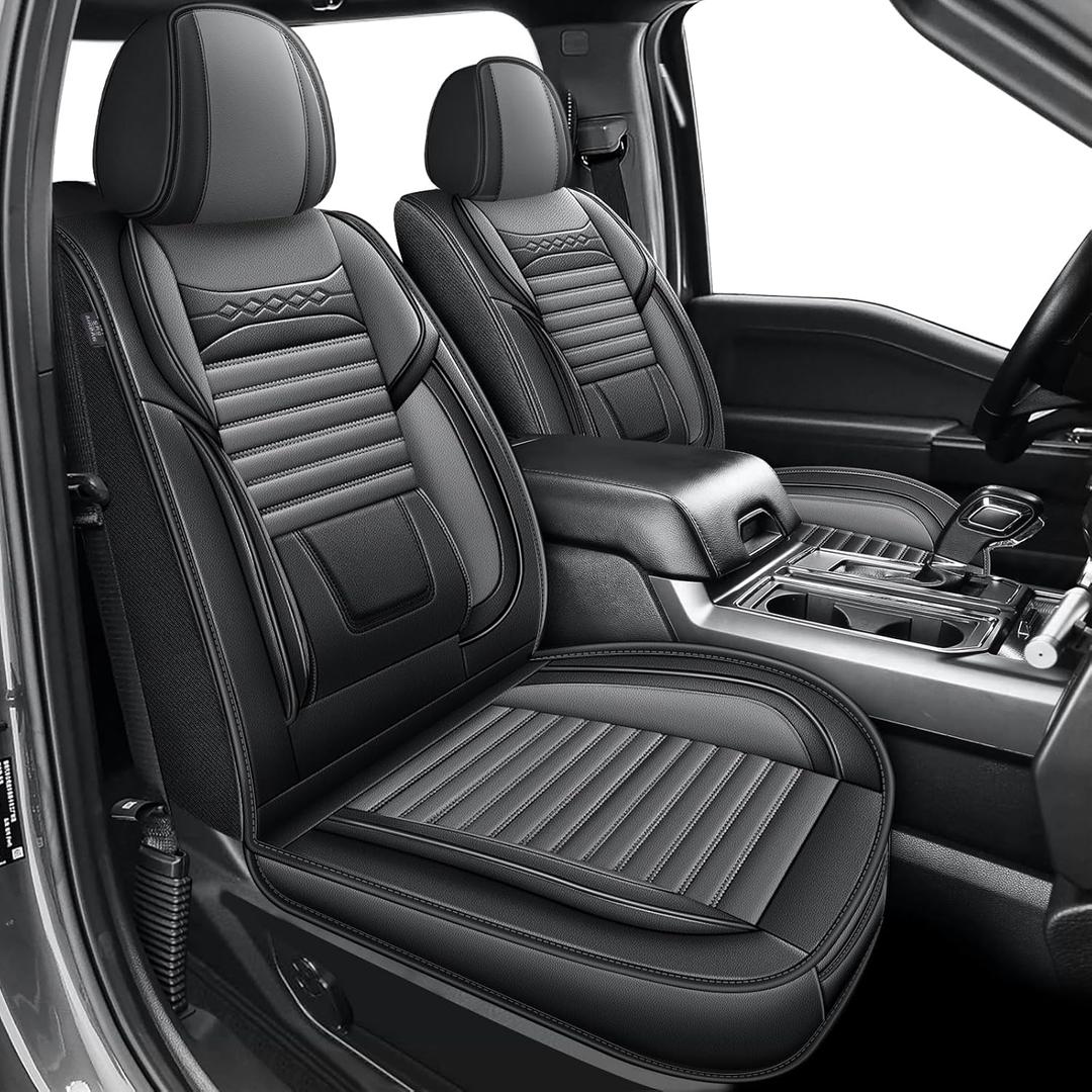 Seat Covers Fit for Ford F150 2009-2025 SuperCrew / F250 F350 F450 2017-2025 - Super Duty Crew Cab XL XLT Lariat King Ranch Platinum Custom Leather Seat Covers for Trucks(5 Seats/Black&Grey) (Full Set)