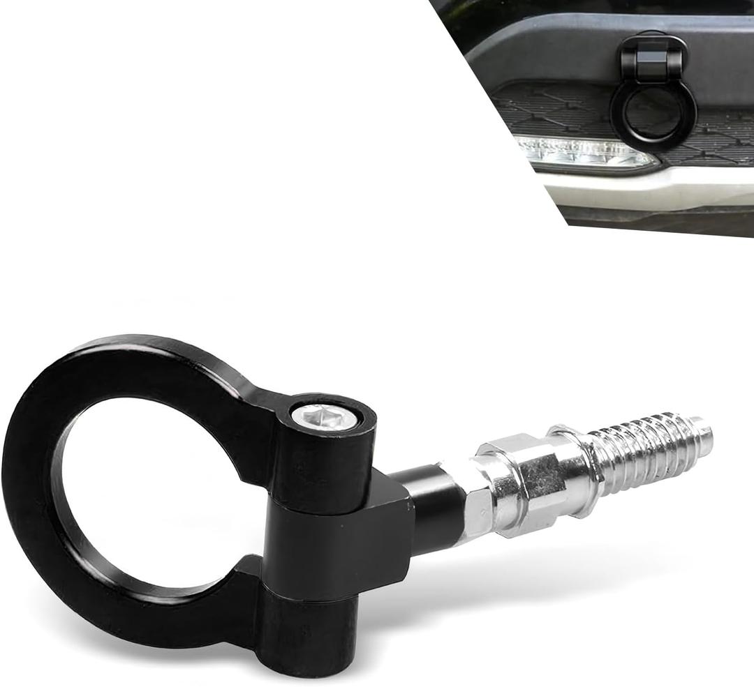 Car Front Bumper Tow Hook, Screw-on Smooth Towing Trailer Puller, Alloy Rustproof Racing Style Pull Ring, Universal Heavy-duty Tuning Accessory for Most European Car Truck SUV (Black) (1 PC)