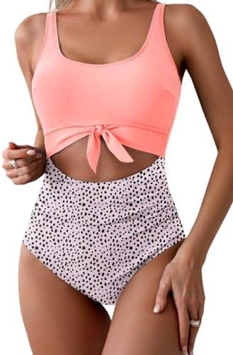 Eomenie Women's One Piece Swimsuit Tummy Control Slimming Bathing Suit Cutout Tie Knot Swimwear, Light Pink Print