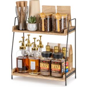 ANBOXIT Countertop Coffee Station Organizer, 2 Tier Wooden Shelf for Coffee Bar Accessories, Condiment Storage Caddy for Kitchen, Home, Office - Brown