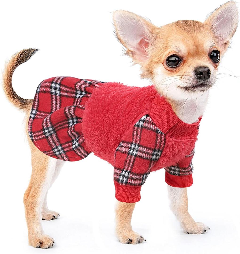 Dog Happy New Year Clothes for Small Dogs - Dog Sweaters Girl - Winter Warm Fleece Puppy Sweater Dress Boy - Princess Plaid Dress - Chihuahua Yorkie Pet Outfits Festival Apparel, XS, Red