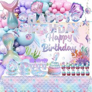 Mermaid Birthday Decorations, 213Pcs Mermaid Party Supplies Include Tablecloth, Plates, Napkins, Cups, Banner, Backdrop, Balloons, Hanging Swirls, Cake & Cupcake Toppers for Girls Birthday Party