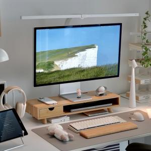 Bamboo Monitor Stand Riser with Drawer, Ergonomic Computer Riser for Desk with Cable Management & Storage Organizer, Wood Monitor Stand for Home Office