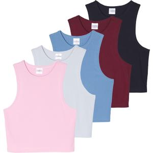 Real Essentials 5 Pack: Women’s Ribbed Crop Tank Tops Sleeveless Racerback Workout, Yoga, Athletic & Casual Shirts, M