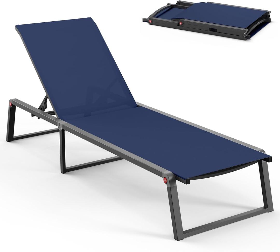 Aluminum Chaise Lounge Chair Outdoor, Foldable & Assembly Free Patio Pool Lounge Chairs 5-Position Recliner for Poolside, Fully Grounded Legs Sun Lounger, Navy Blue, Product Dimensions 71.7"D x 23.6"W x 39.8"H