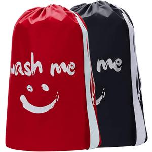 HOMEST 2 Pack XL Wash Me Travel Laundry Bag with Strap, Dirty Garments Organizer, Large Enough to Hold 4 Loads of Clothes, Easy Fit a Hamper or Clothing Basket, Black and Red