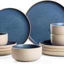 Dafuceramic 12 Pieces Dinnerware Sets,Plates and Bowls Sets,Handmade Reactive Glaze Dishes Set for 4 with at Least 10% Recycled Ceramic and the Raw Texture of the Clay (Reactive-Blue)