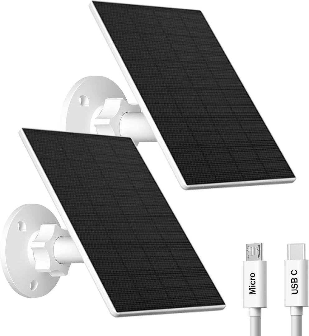 2W Solar Panel for Security Camera Outdoor, USB/USB-C Charger with IP65 Waterproof, 360 Adjustable Mount & 7.2ft Cable, Compatible with Rechargeable Battery Cameras (2 Pack, White)