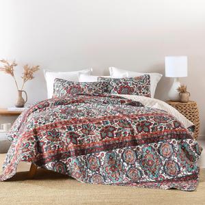 HORIMOTE HOME Boho Quilt Queen Size, Reversible Bohemian Style Twill Strip Floral Quilt Beddding Set, Colorful and Soft Bedspread Full Size Quilt Coverlet for All Season, 2 Pillow Shams (3 Pieces)
