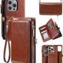 for iPhone 15 MagSafe Wallet Case Detachable Magnetic Wallet with RFID Blocking, PU Leather Zipper & Strap for Women Men. Brown