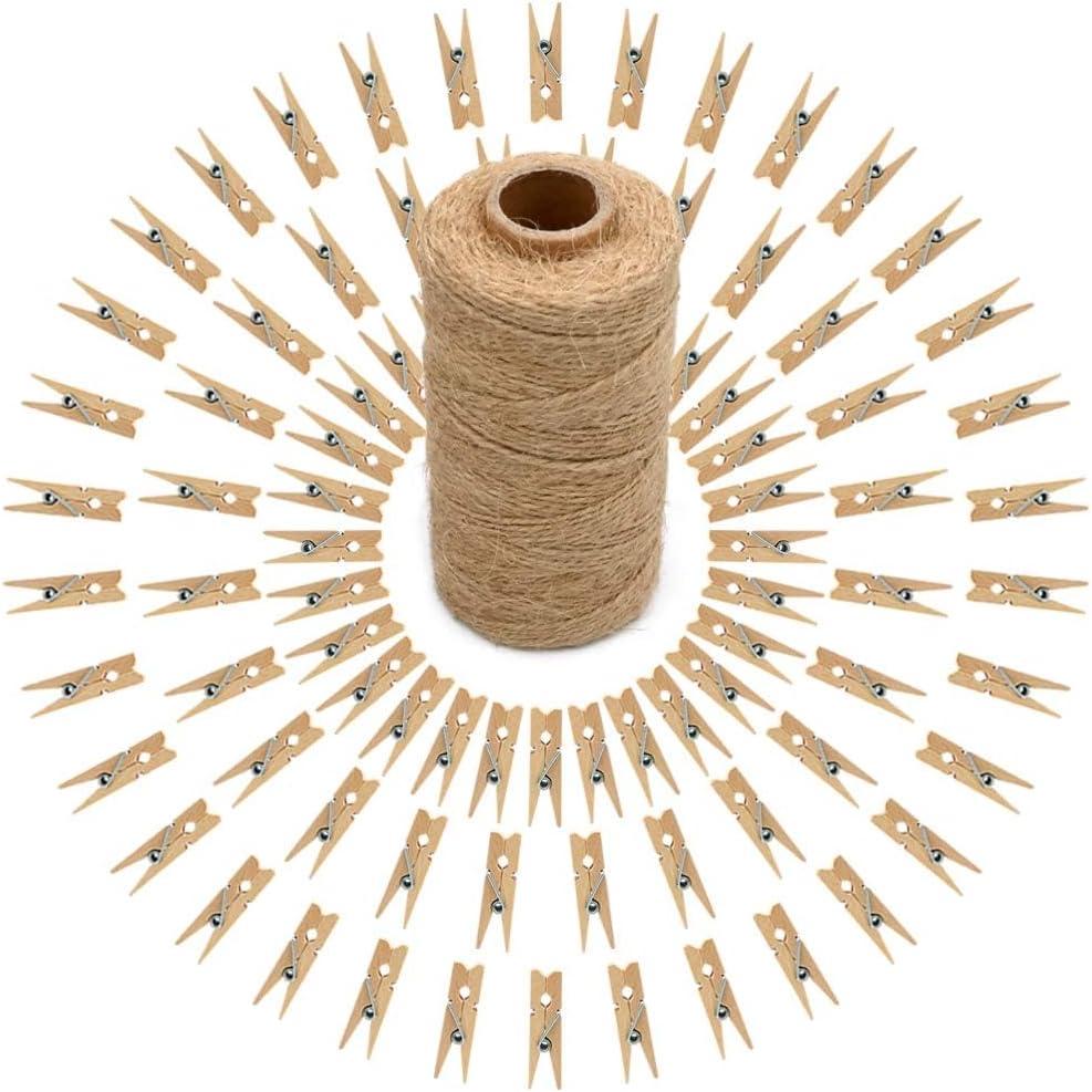 jijAcraft 100Pcs Clothespins with String, 1.4Inch Wooden Clothes Pins with 328Ft Jute Twine, Mini Baby Shower Photo Clips, Natural Brown Clips for Hanging Photo, Clothes, DIY Crafts, Wrap Bags