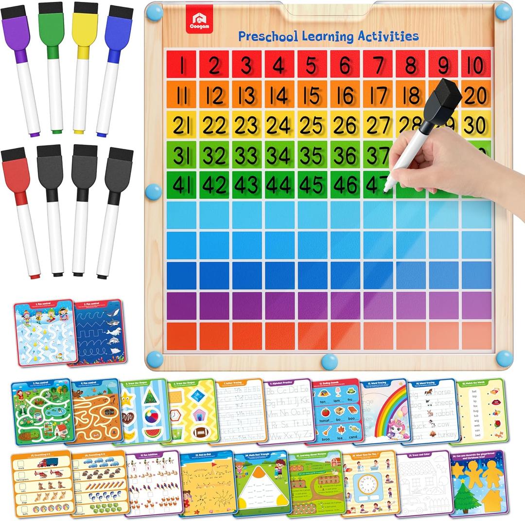 Coogam Handwriting Hundred Board, Math Manipulative Wooden Montessori 1-100 Number Toys, Alphabet Writing Practice for Preschool Educational Activity, Fine Motor Learning Game for Kids Age 3-8