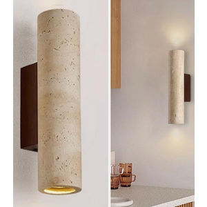 Natural Yellow Travertine Wall Lamp, 12"H Long Linear Stone Wall Sconce with Stone Lampshade Wooden Base, Mid Century Modern Wall Sconces for Dining Room Bedroom Living Room Hallway (Indoor Use)