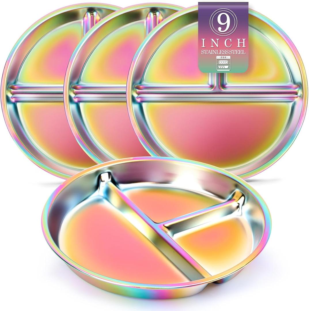 Bakpoco Stainless Steel Kids Plates 4 Packs, Deepened 9" Portion Control Plate Divided Plate for Toddlers Bigger Appetite, Non Toxic Unbreakable Metal Lunch Dishes, Colorful