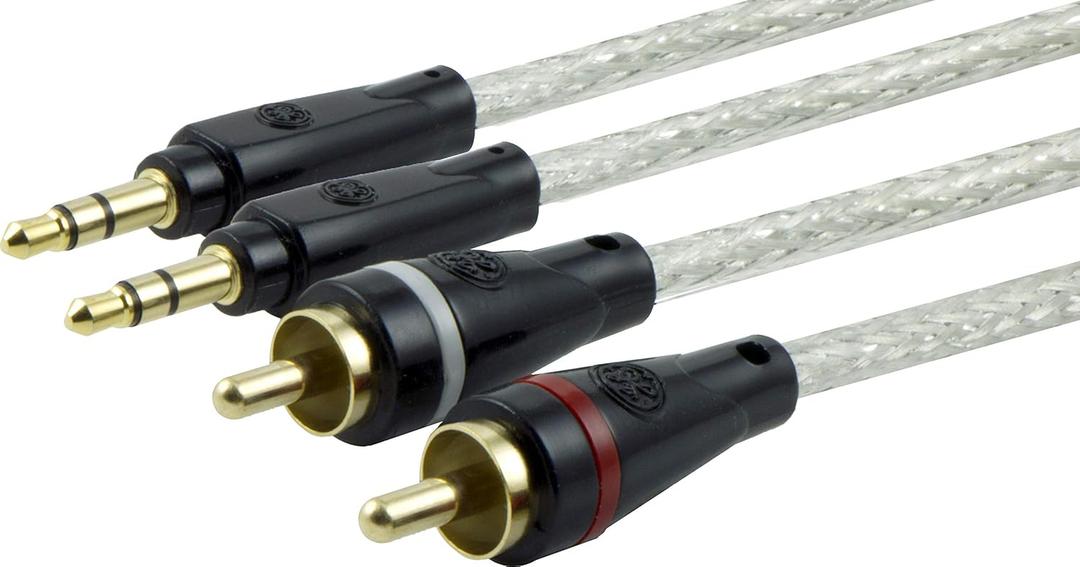 GE Pro4Ft. 2-RCA to 3.5mm Cable, Ultra HD Playback, 3.5mm Extension Cable with 2-Male Gold-Plated Connectors, 2-Male RCA Connectors to 1-Female 3.5mm Connector, Color-Coded RCA Plugs, Silver, 34497