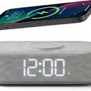Fabric Digital Alarm Clock for Bedroom with Wireless Charging, USB-C Port, Dual Alarm, 30-Min Snooze, Dimmable Display, Ambient Light, Battery Backup, Modern Bedside Clock (Gary)