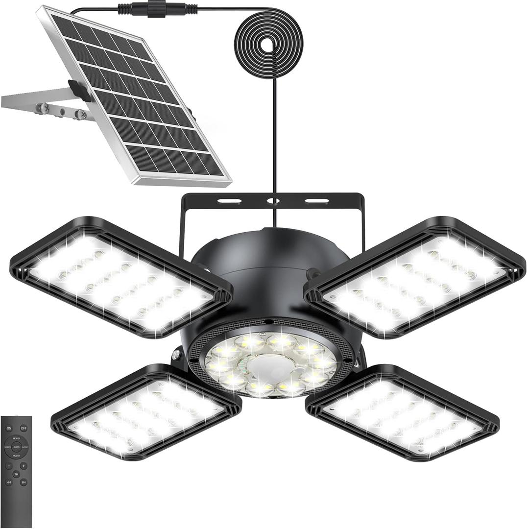 Solar Shed Light Outdoor Indoor, Upgrade 6500K 1200Lumen 174 LEDs Motion Sensor Pendant Light, 120Adjustable 4+1 Solar Powered Lights Camping Plants Garage Waterproof Remote & Timer (Black)