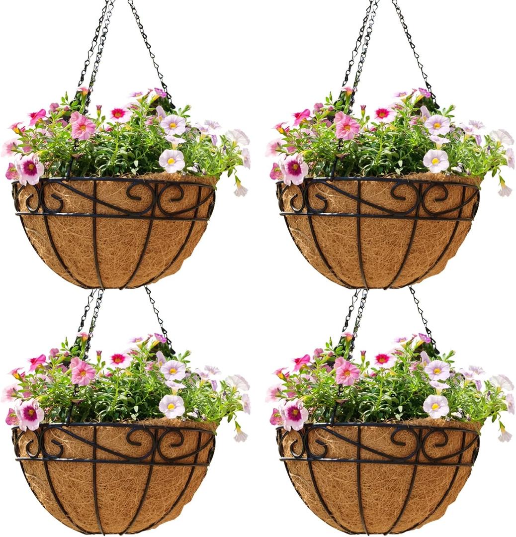 14 inch Metal Hanging Baskets For Plants Outdoor 4 Pack Round Metal Wire Hanging Basket Planter with Coco Fiber Liners Chain Round Wire Plant Holder for Garden, Patio, Deck, Porch Plants Flower Potss