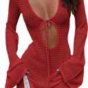 Floerns Women's Summer Holiday Beach Flare Sleeve Tie Front Cover Up Cut Out Mini Dress V Neck Hollow Out Beach Dresses (S, Red)