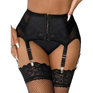 ohyeah High-Waisted Garter Belt Plus Size- Lace Mesh Suspenders Belt with 6 Metal Clip for Thigh Highs Garter Stockings (1X-2X, 1- Black)