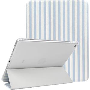 Lovmooful Compatible for iPad 9/8/7 (10.2-Inch,2021/2020/2019 Model,9th/8th/7th Generation) Case with Pencil Holder Cute Striped with Aesthetic Design Soft TPU Trifold Stand Protective-Blue&White
