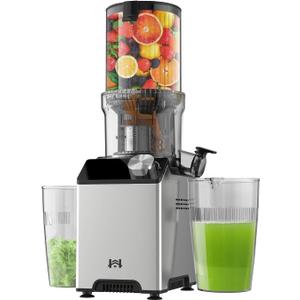 Cold Press Juicer, Wide Feed Chute Juicer Machines, Stainless Steel Slow Masticating Juicers Easy to Clean, Vegetables & Fruits Juice Extractor, High Juice Yield, Silver Color Knob