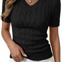 PRETTYGARDEN Womens Summer Short Sleeve Sweater Cable Knit V Neck Sweaters Shirts Fitted Work Tops Business Casual Outfits (Small, Black)