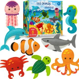 Vlokup Sea Animals Felt Sewing Kit for Kids, Ocean Animals Kids Sewing Kit for Beginners Ages 7 8 9 10 11 12， Sewing Craft Kit Educational and Fun Gift for Girls and Boys