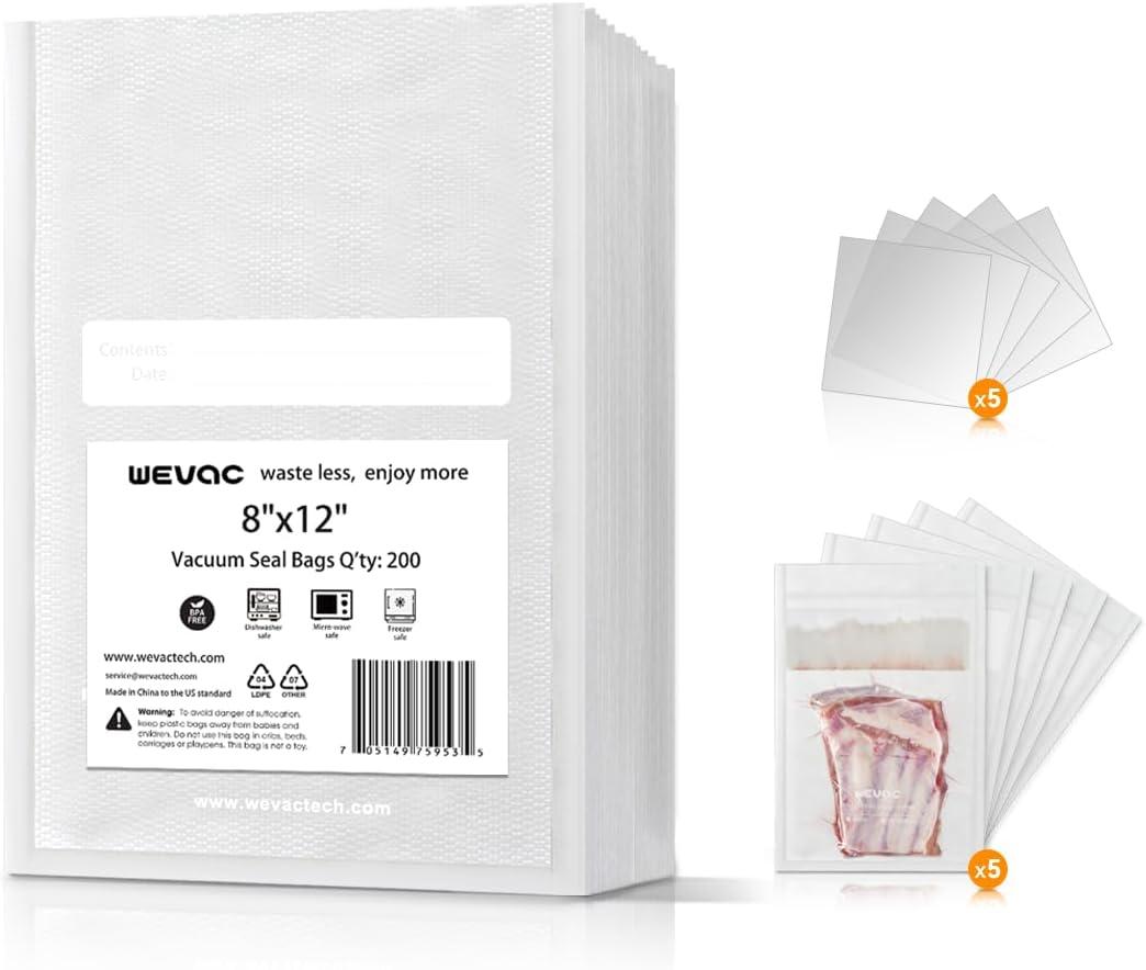 Wevac 8" x 12" Precut Vacuum Sealer Bags, 200 Count, Includes 5 Liquid Block Bags & 5 Bone Guard Pieces, Heavy Duty for Food Storage, Sous Vide & Meal Prep