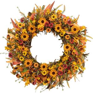 J'FLORU 28 Inch Artificial Fall Wreath Large Fall Wreaths for Front Door Autumn Wreath with Daisy and Lavender Berry Fall Leaves for Wall Fireplace Farmhouse Thanksgiving Day Harvest Festival Decor