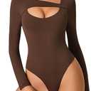 Avidlove Women Long Sleeve Bodysuit Scoop Neck Cutout Thong Body Suits Double Lined Slim Fitted Leotard Going Out Tops, Large