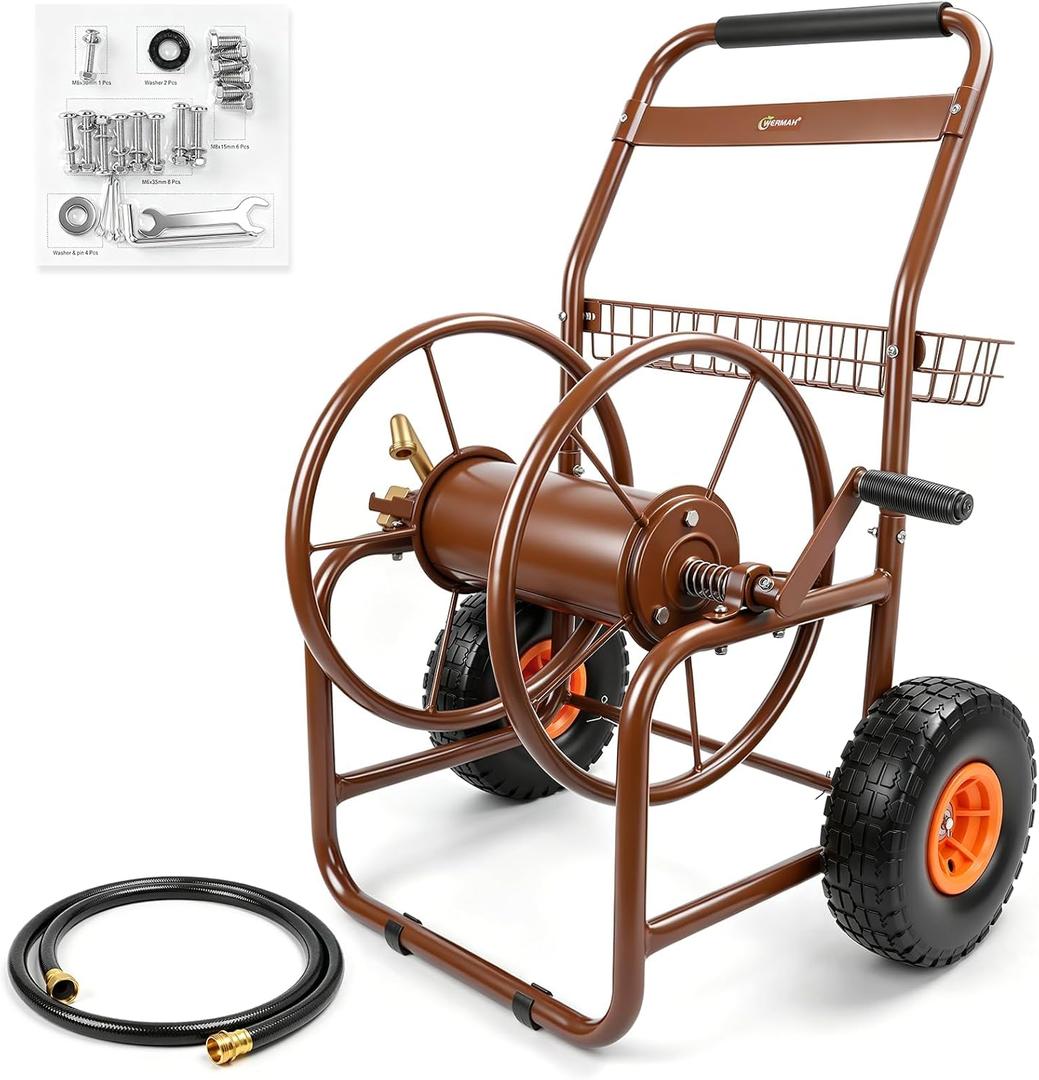 WERMAH Garden Hose Reel Cart, Heavy Duty Metal w/2 Wheels, Holds 230ft 5/8"