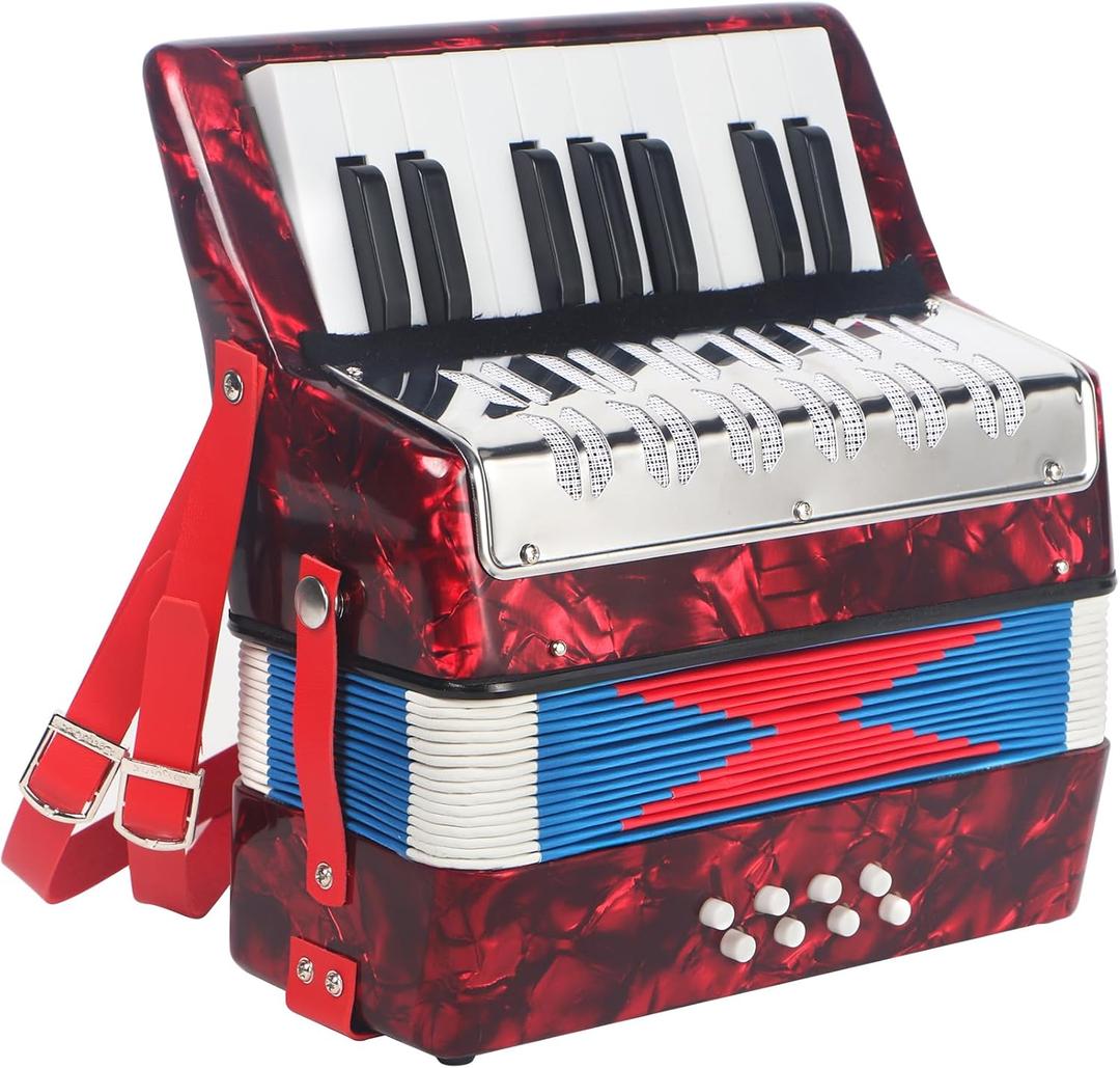 AKLOT 17 Key Piano Accordion, Lightweight & Compact Acordeon, Celluloid Accordions Brighter and Pure Tone than Plastic, Durable Metal Cover with Straps, Manual for Adult Beginners Acorden (Red)