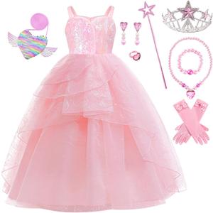 9 Pcs Halloween Pink Witch Costume for Girls Sequins Mesh Princess Dress with Accessories (7-8 Years)