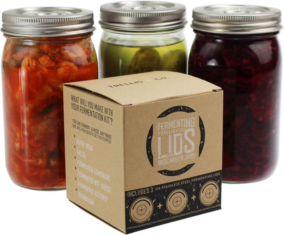 316 Stainless Steel Fermentation Lids | 3 Silicone Waterless Fermenter Airlock Lids | Easy Lacto Fermenting Wide Mouth Mason Jar Canning Lids