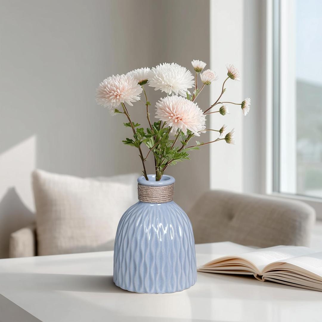 Blue Ceramic Vase for Flowers, 6 inch Small Modern Vase for Home Decor, Textured Decorative Vases for Centerpieces,Bathroom, Living Room, Desk,Shelf,Office Decor