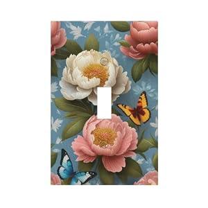 Spshian Pink/White Peony Flower Blue Butterfly Single Toggle Light Switch Covers Decorative 1 Gang Wall Plate Electrical Device Switch plate Dimmer Faceplate for Bathroom Decor