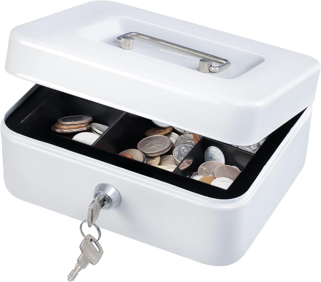 KYODOLED Medium Cash Box with Money Tray,Small Safe Lock Box with Key,Cash Drawer,7.87"x 6.30"x 3.54" White Medium