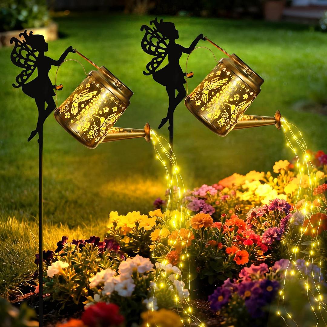 X-PREK Solar Lights Outdoor Waterproof, Fairy Solar Garden Lights Outdoor Decoration, Hummingbird Solar Watering Can Light Gardening Gifts for Mom Grandma 2 Packs