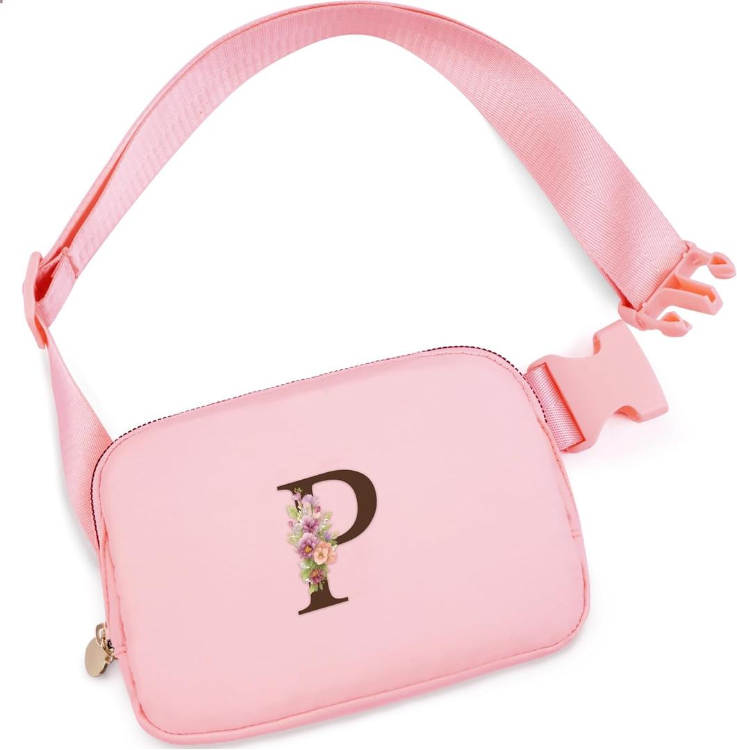 Belt Bag for Women Girls Birthday Gifts for 8 9 10 11 12 13 Year Old Girl - Gifts for Teenagers- Crossbody Bags Small Waist Packs Trendy Kids Fanny Pack - Initial Flower - P,Pink Bag, YB03B