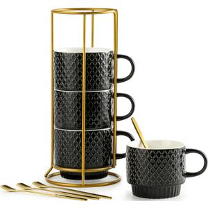 LYEOBOH Stackable Coffee Mugs Set of 4 with Rack & Spoons Coffee Mug Set 13 OZ., Ceramic Embossed Grinding Demitasse Cups Set Cappuccino Cup Halloween for Coffee, Latte, Macchiato, Espresso, Black