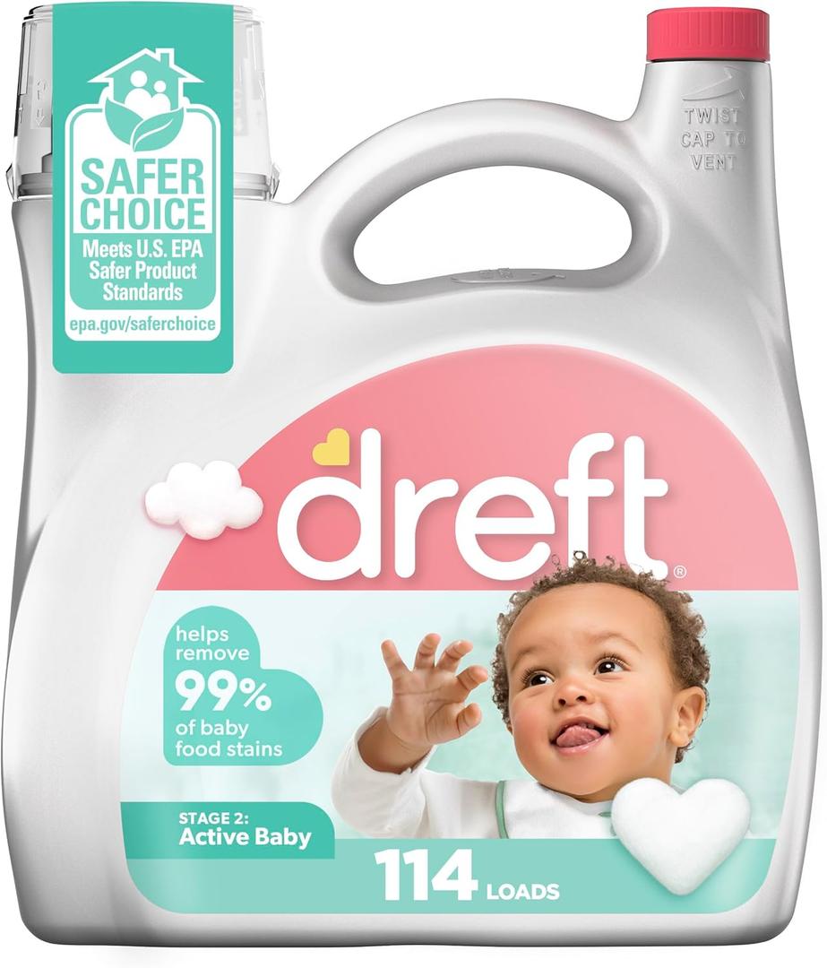 Dreft Stage 2 Active Baby Liquid Laundry Detergent, Hypoallergenic, Helps Remove 99% of Baby Food Stains, 114 Loads, Baby Laundry Detergent, Newborn Essentials (165 Fl Oz (Pack of 1))