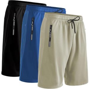 9" Mens Athletic Shorts with Zipper Pockets, 3 Pack Quick Dry Workout Gym Drawstring Running Shorts for Men, Size M