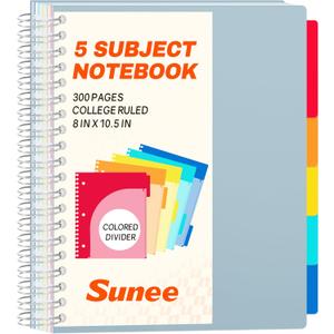 SUNEE Spiral Notebooks for Work with Removable Dividers & Tabs  College Ruled 5 Subject, 300 Pages, 3 Hole Punched, Durable PP Cover, 8"x10.5"  Notebooks for Office or School, Grey Blue